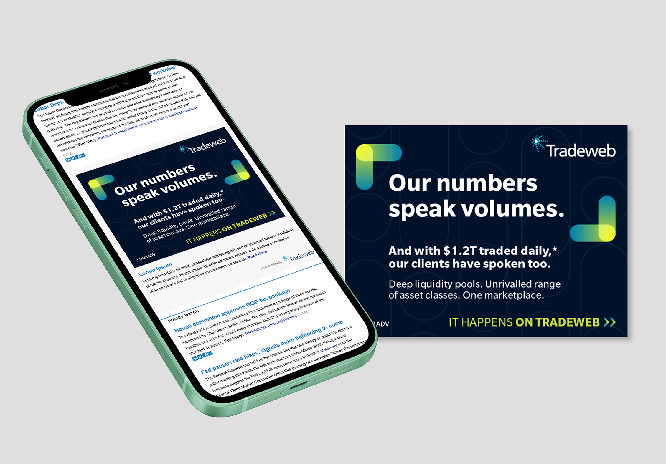 New Tradeweb design on iphone and ad