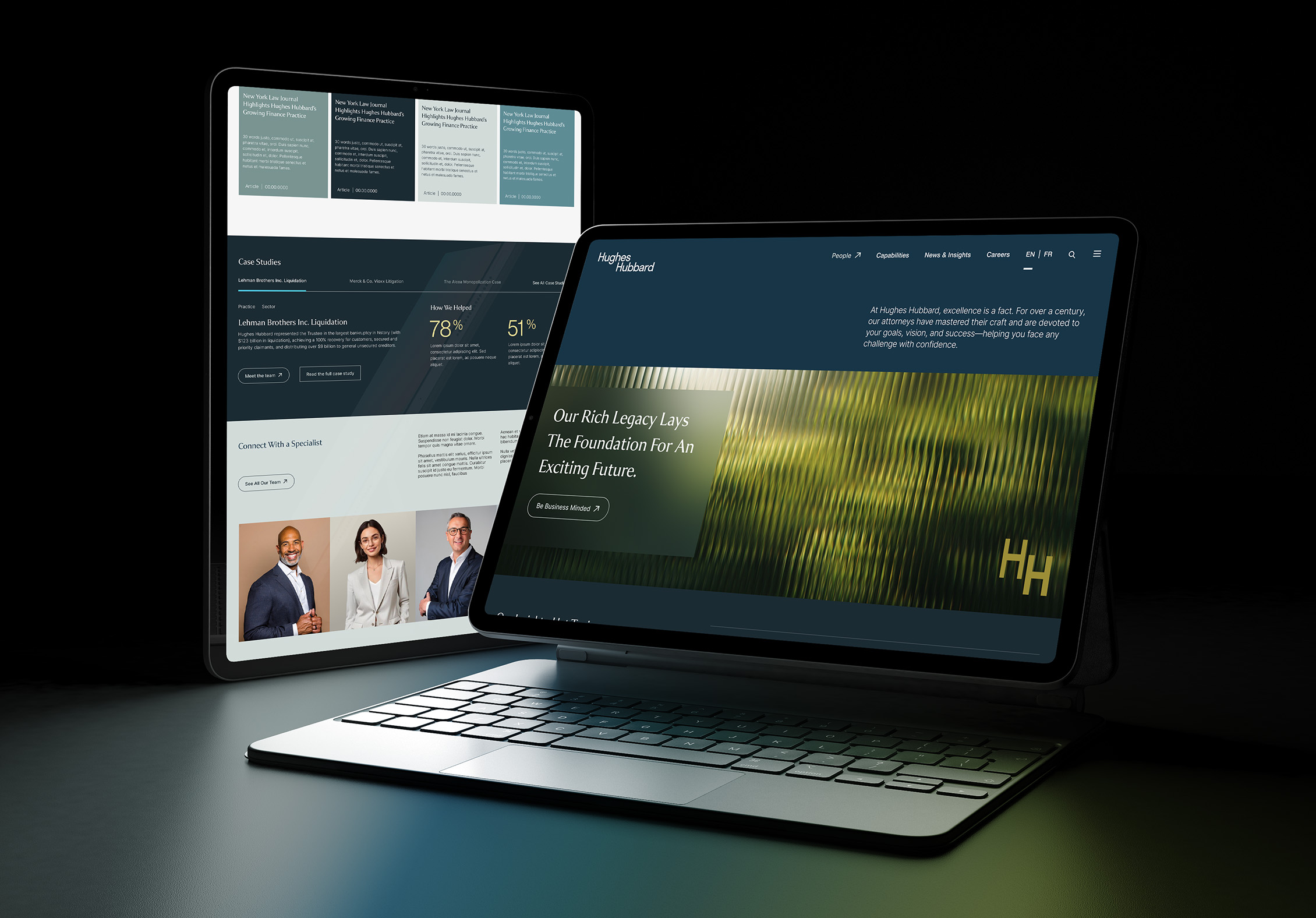 Hughes Hubbard visual identity – website home page UI
